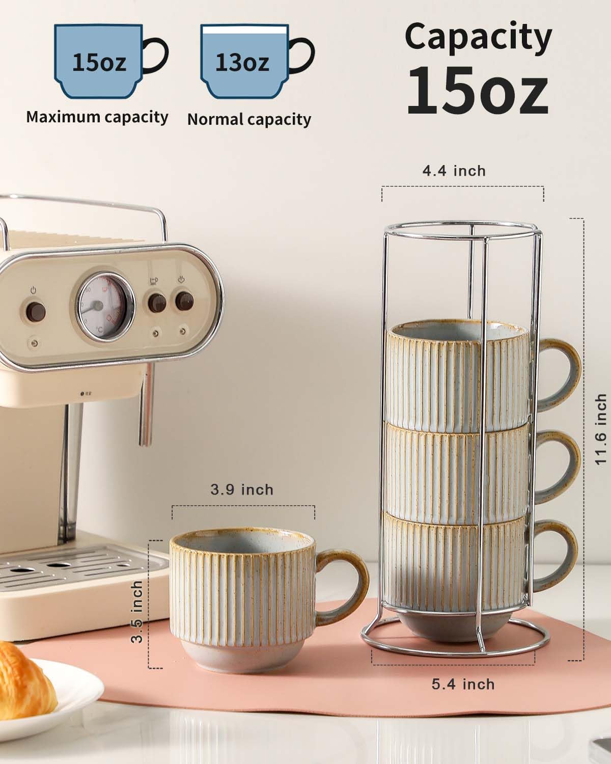 HASENSE 15 oz Ribbed Stackable Coffee Mug Set of 4, Porcelain Latte Cups with Metal Rack, Dishwasher & Microwave Safe, Cappuccino Tea Hot Cocoa, White BST220