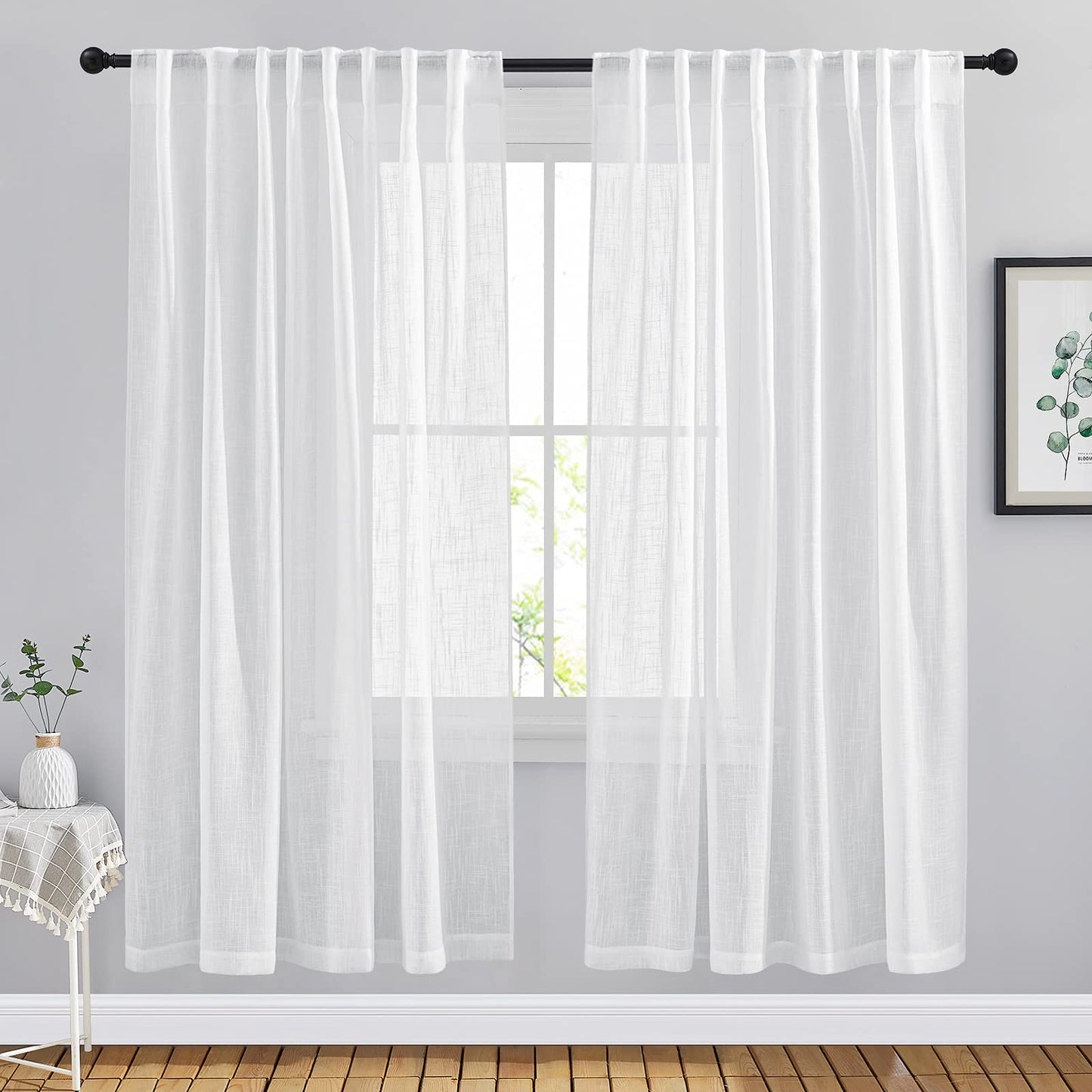 NICETOWN White Semi Sheer Kitchen Curtains 30 inch Length, Rod Pocket & Back Tab Faux Linen Blend Privacy with Light Filtering Window Drapes for Cafe, W34 x L30, 2 Panels BST220