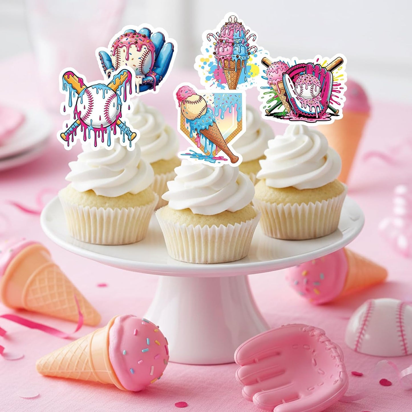 Baseball Birthday Party Decorotions - 24 PCS Ice Cream Drip Baseball Theme Cupcake Toppers, Boys Girls Sports Birthday Party Decorotions Supplies BST326L