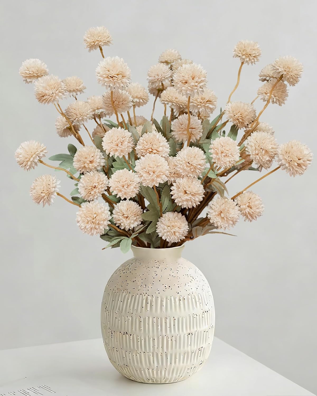 Beige Faux Silk Mums Artificial Flowers, 8Pcs Fall Fake Kiku Small Mini Chrysanthemum Pom Pom Stems for DIY Bouquets Centerpieces Vase Autumn Home Decorations Floral Arrangement BST202