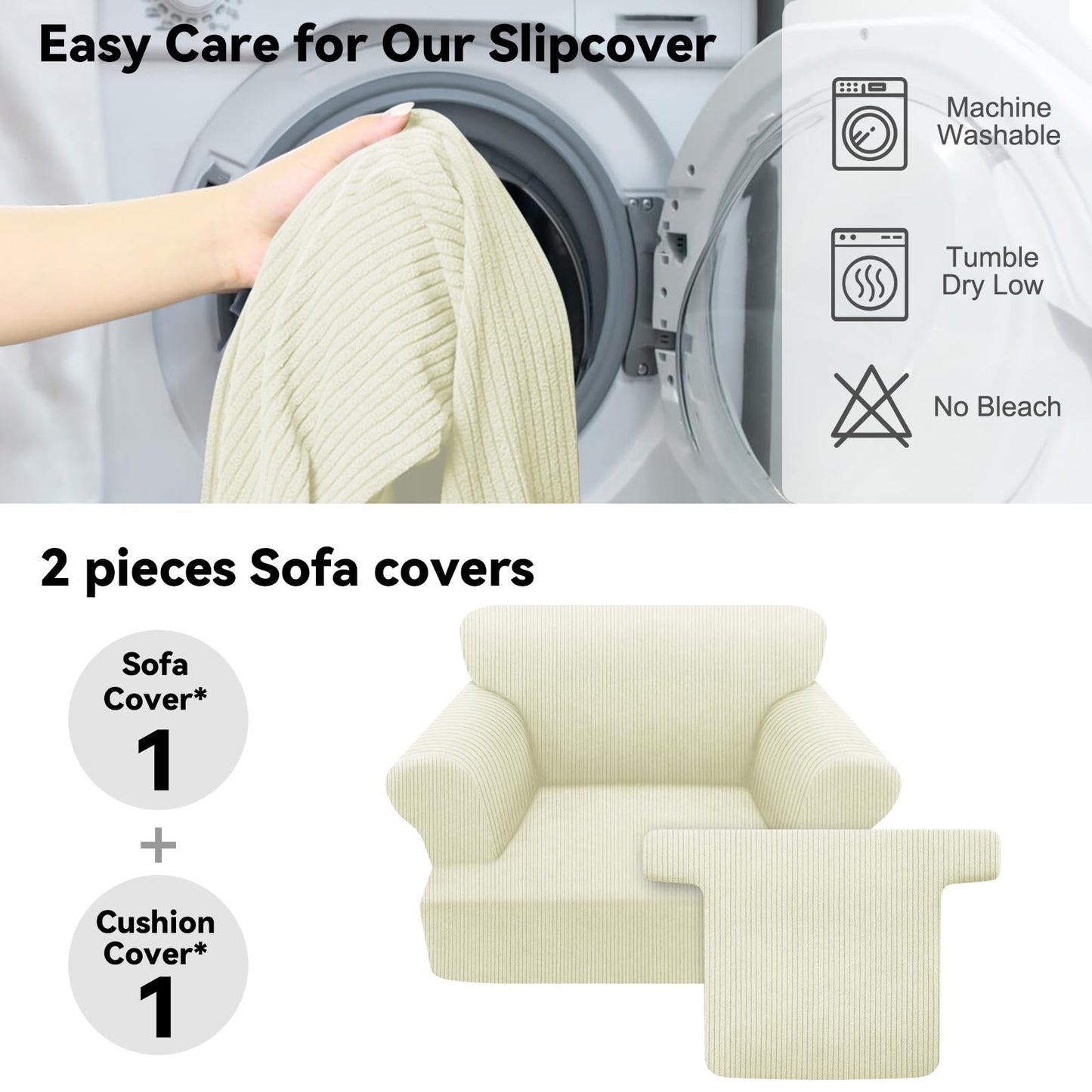 Waterproof Chair Cover with Arms 2-Piece Set Striped Slipcover for 1 Separate T Cushion Couch - TPU Fabric Armchair Covers Leakproof Couch Protector for Kids, Pets(Chair, Beige) BST220