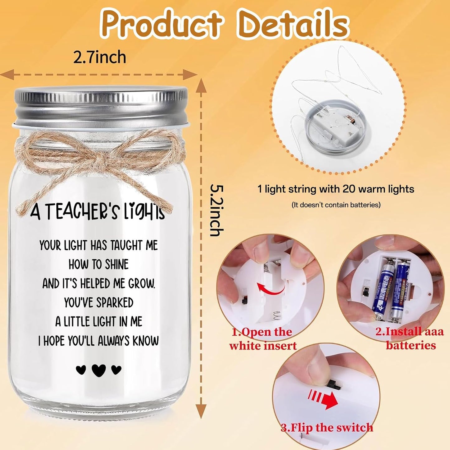 Kimoli Teacher Appreciation Gifts for Women Teacher Christmas Gift Mason Jar Night Lights with Warm Lights Home Decor BST326H