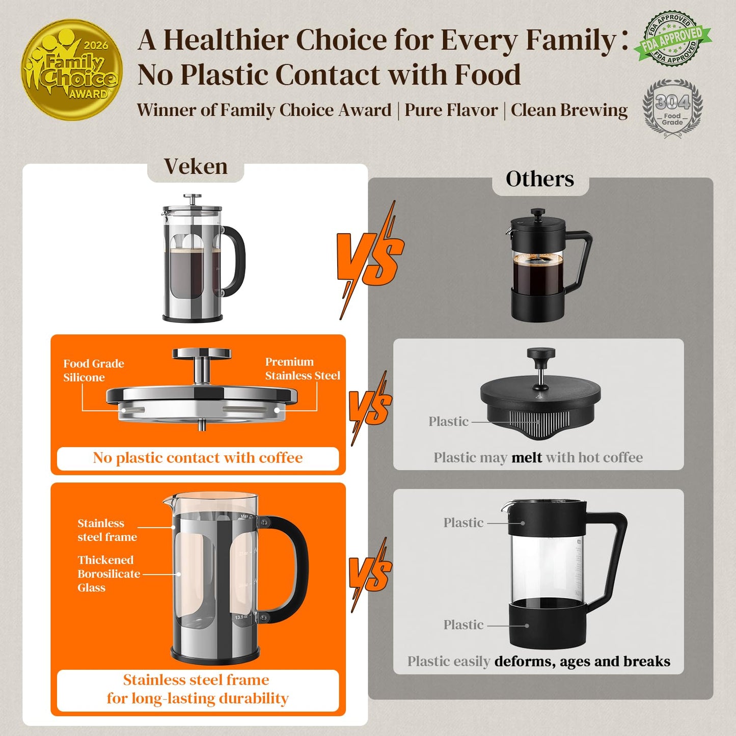 Veken French Press Coffee Maker 34oz, No Plastic Touching Cafe,Thickened Glass Stainless Steel Brewer, Cold Brew Cafetera Tea pot for Kitchen Travel Camping, Gifts, Decor, Bar Accessories, Dark Pewter