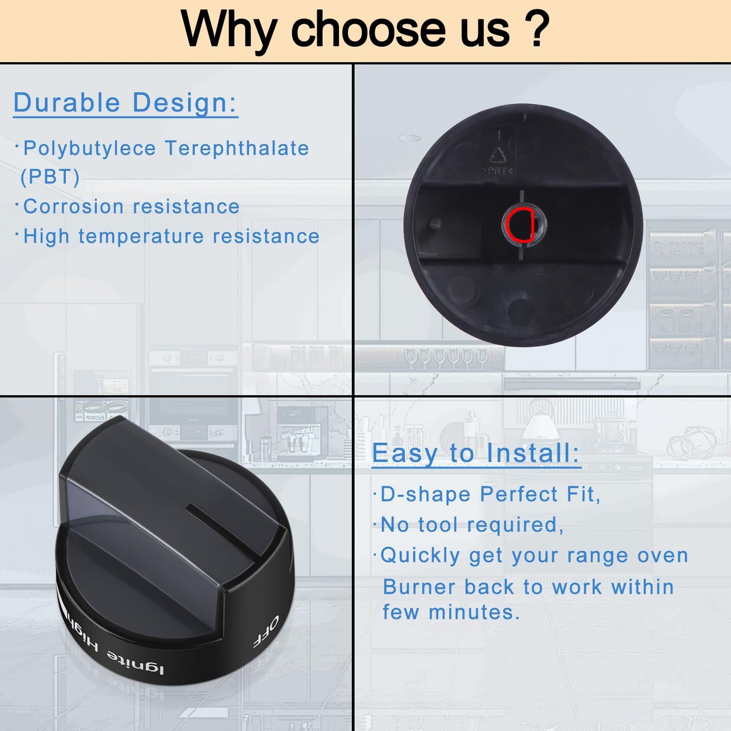 5 Pieces Upgrade W10339442 Stove Knobs Replacements, Only Compatible with Whirlpool Gas Range/Oven/Stove Knobs (Black) BST220