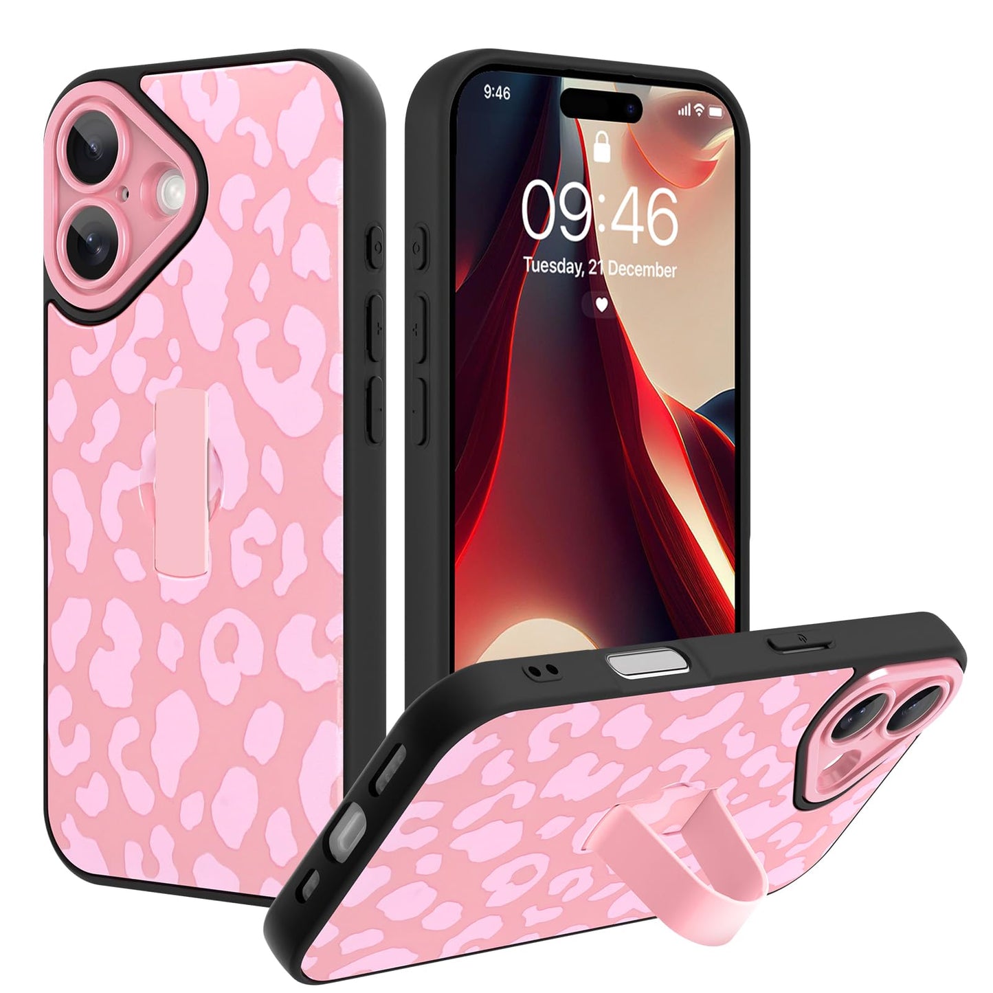 Compatible with iPhone 13 Case, Cute Cheetah Leopard Pattern | Built in Adjustable Wrist Strap Grip Hand Holder Stand Shockproof Kickstand Cover for Women Girls (Black White) WN420