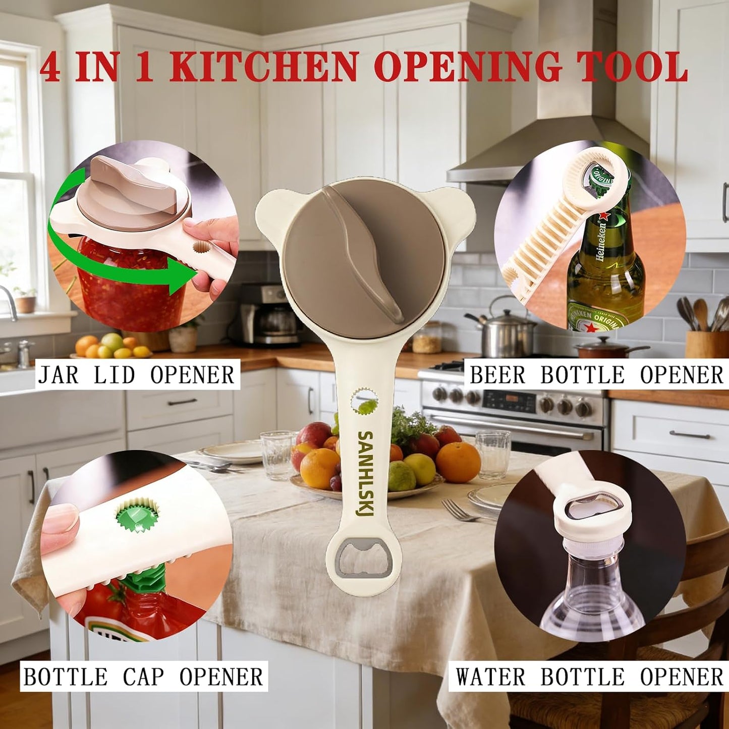 Effortless Jar Opener for Seniors & Arthritis Hands, Beige | Adjustable Stainless Steel, Lid Gripper & Twist-Off Cap Remover, For Weak Grip, Multi-Size Kitchen Tool BST326L