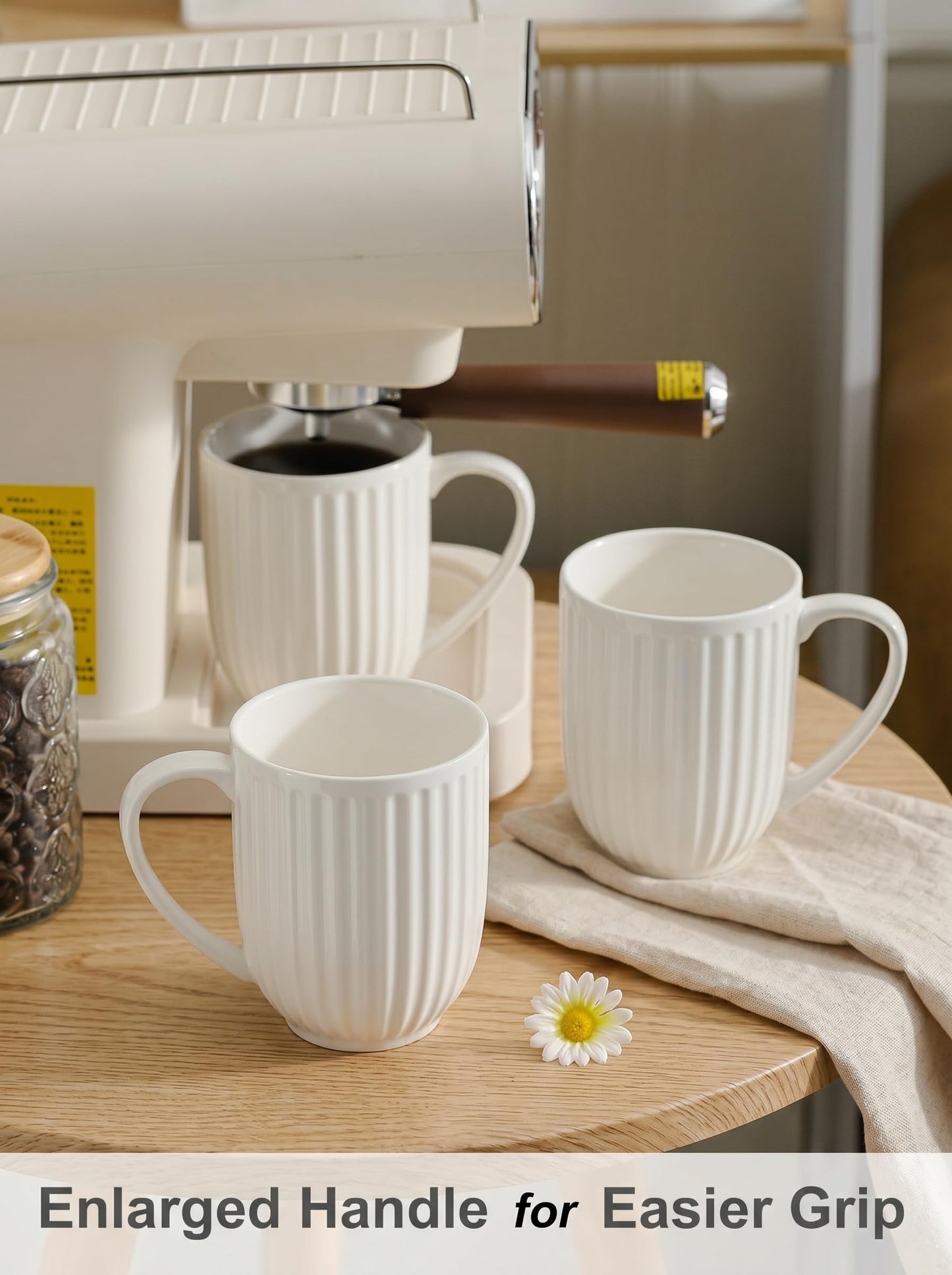 HASENSE Textured Large Coffee Mugs Set of 4, 16 Oz Ribbed Ceramic Cups with Large Handle for Latte Tea Cappuccino, Stackable Embossed Mug Set for Mom Dad, Microwave Dishwasher Safe, Creamy White BST220