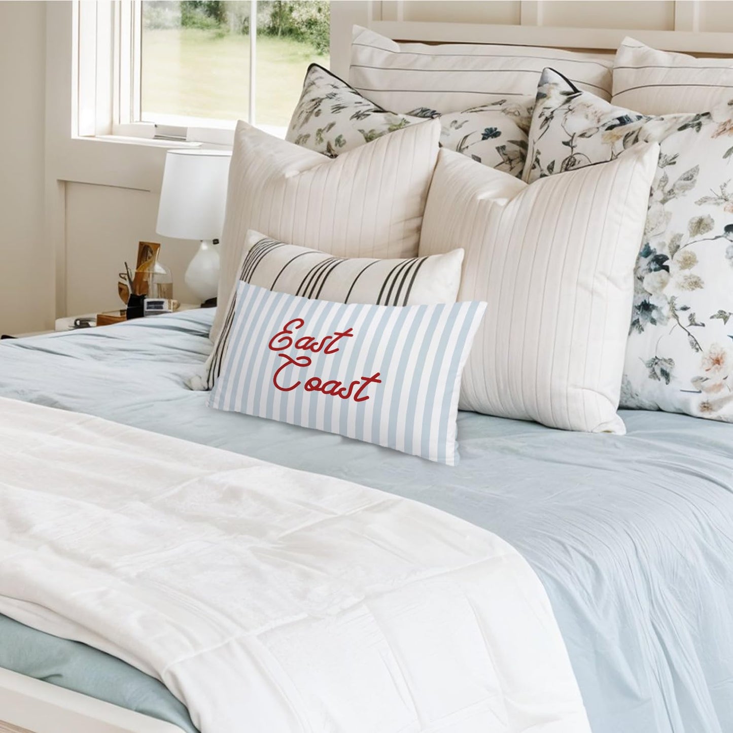 Coastal Beach Girly Room Decor 12x20 Pillow Cover, Preppy Beach Navy Blue Bikini Striped Decorative Lumbar Pillow Covers for Girls Bedroom College Dorm Sofa Couch BST326L