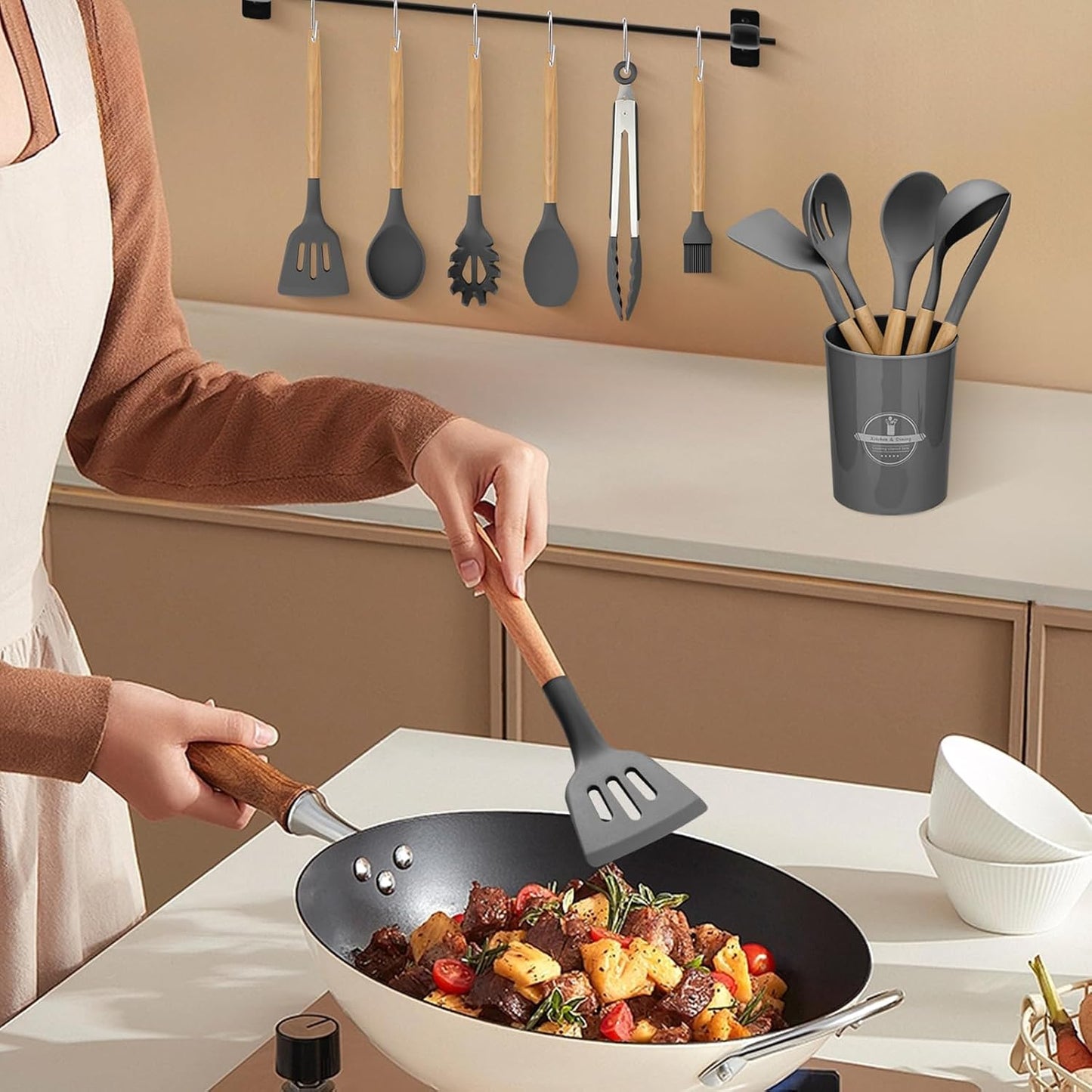 Silicone Kitchen Utensils Set, 22 PCS Silicone Cooking Utensils Set with Wooden Handle, BPA Free, Food Grade Non Stick Coating Spatulas Kitchen Utensils (Grey) BST202