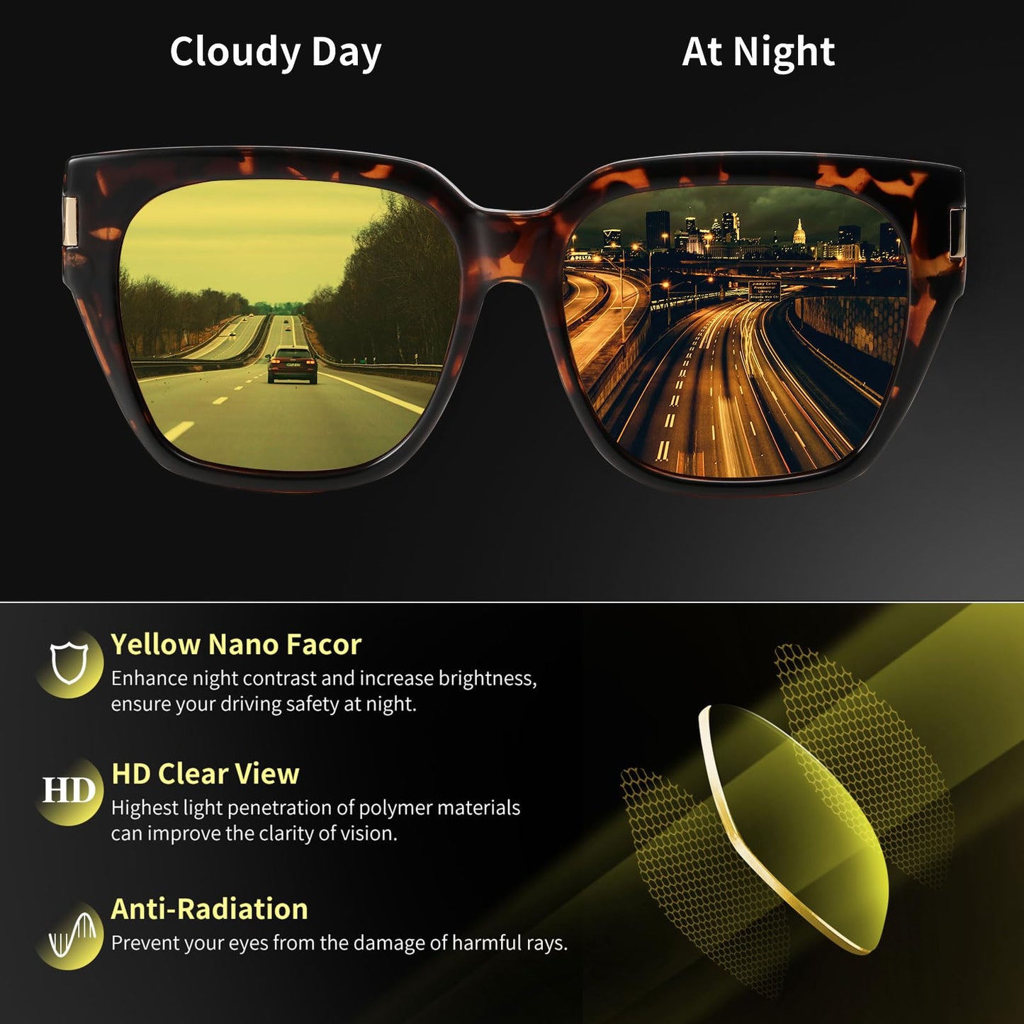 HAOLOTA Night Vision Driving Glasses Fit Over Glasses for Women Men, Anti Glare Polarized Nighttime Yellow Lens WN420