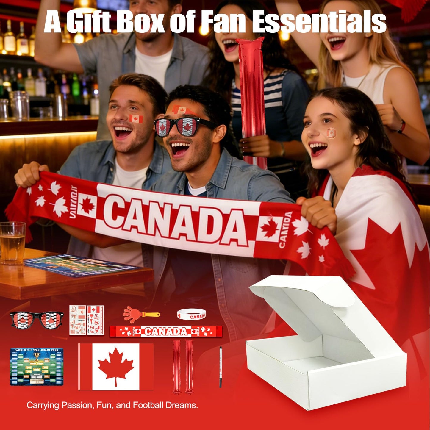 World Cup 2026 Fan Accessories with Large 3x5 ft Flag, Match Tracker Poster, Stickers, Cheering Sticks, Clapper & Scarf, World Cup Decorations Fan kit for Soccer Watch Party, Stadium and Home Cheering BST202