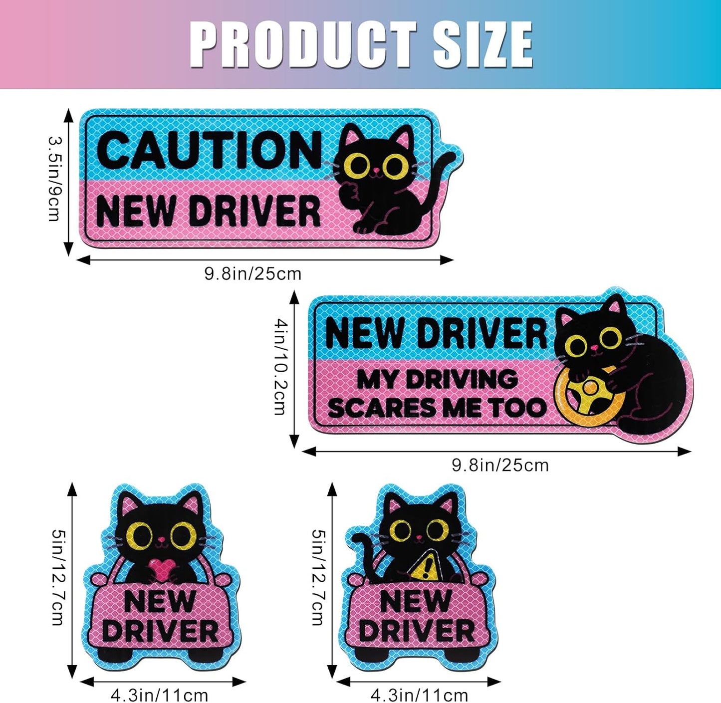 4PCS Black Cat New Driver Car Magnet, New Driver Magnet for Car, Cute Shivering Cat Reflective Reusable Student Driver Safety Sign for Car Bumper BST220