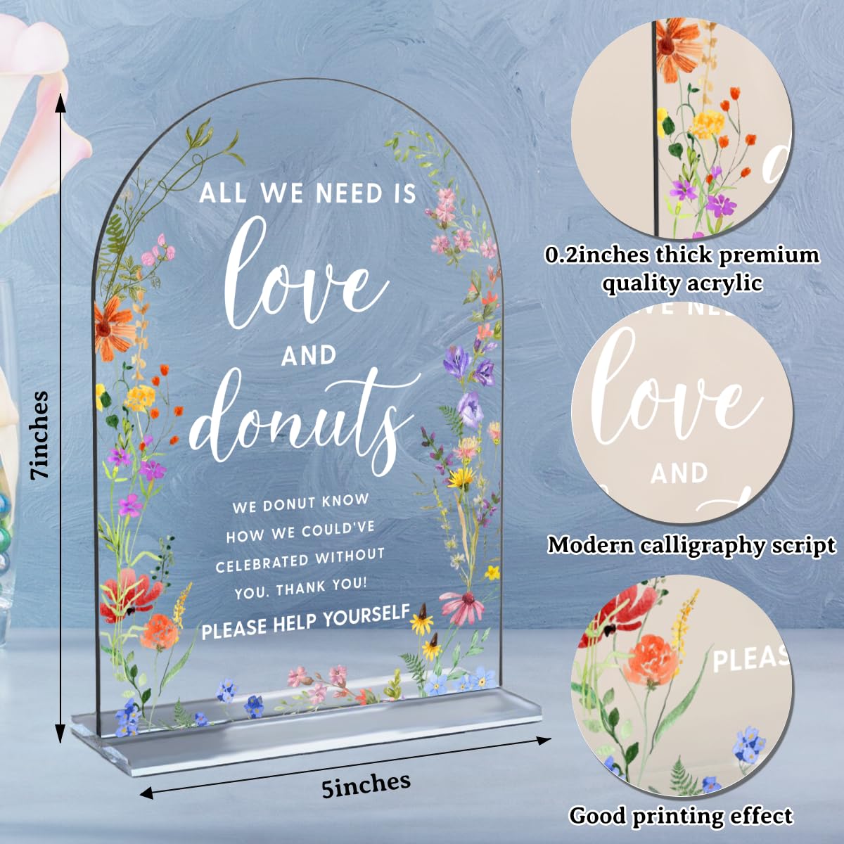 Acrylic Wedding Signs, Pick A Card Signs for Marriage Reception, Bridal Shower Decorations, Modern Arched Round Top Acrylic Table Top Sign with Holder for Wedding Party Dinner (Clear Wildflowers) BST326L