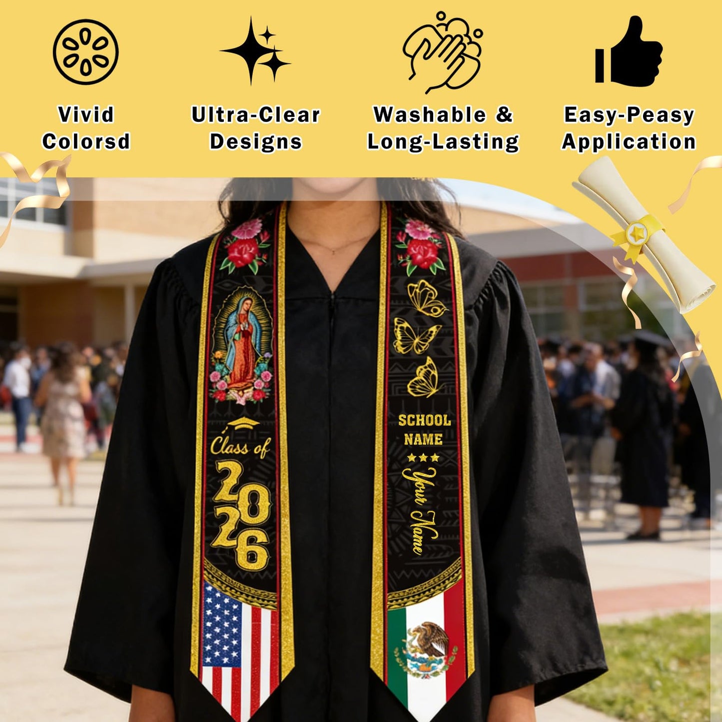 Dazoratix Filipino Graduation Stole 2026 - Philippines American Flag Sash Personalized Custom Glitter Iron on Letters Patches DIY Customize Transfer Stickers for Senior Student School Grad Decorations BST326L