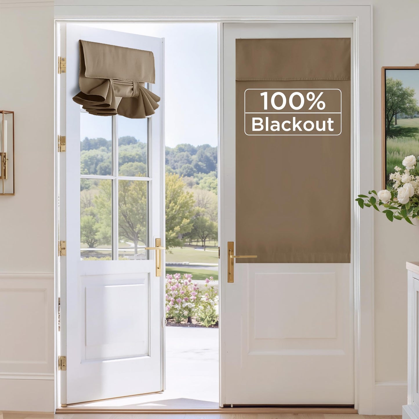 RYB HOME 100% Blackout French Door Curtains for Door Window - Room Darkening No Coating Thermal Insulated Privacy Protection Adhesive Cover for Glass Window, W 26 x L 40, 1 Panel, Black BST220