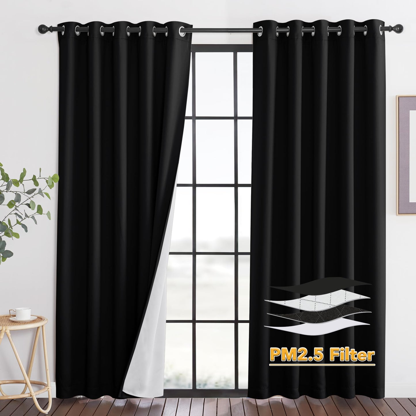 RYB HOME 4-in-1 Dust Filtering Soundproof Blackout Insulating Privacy Window Curtains for Nursery Bedroom Living Room Rivider Sound Absorption Sheet, Black, W52 x L90 inch, 2 Panels BST220