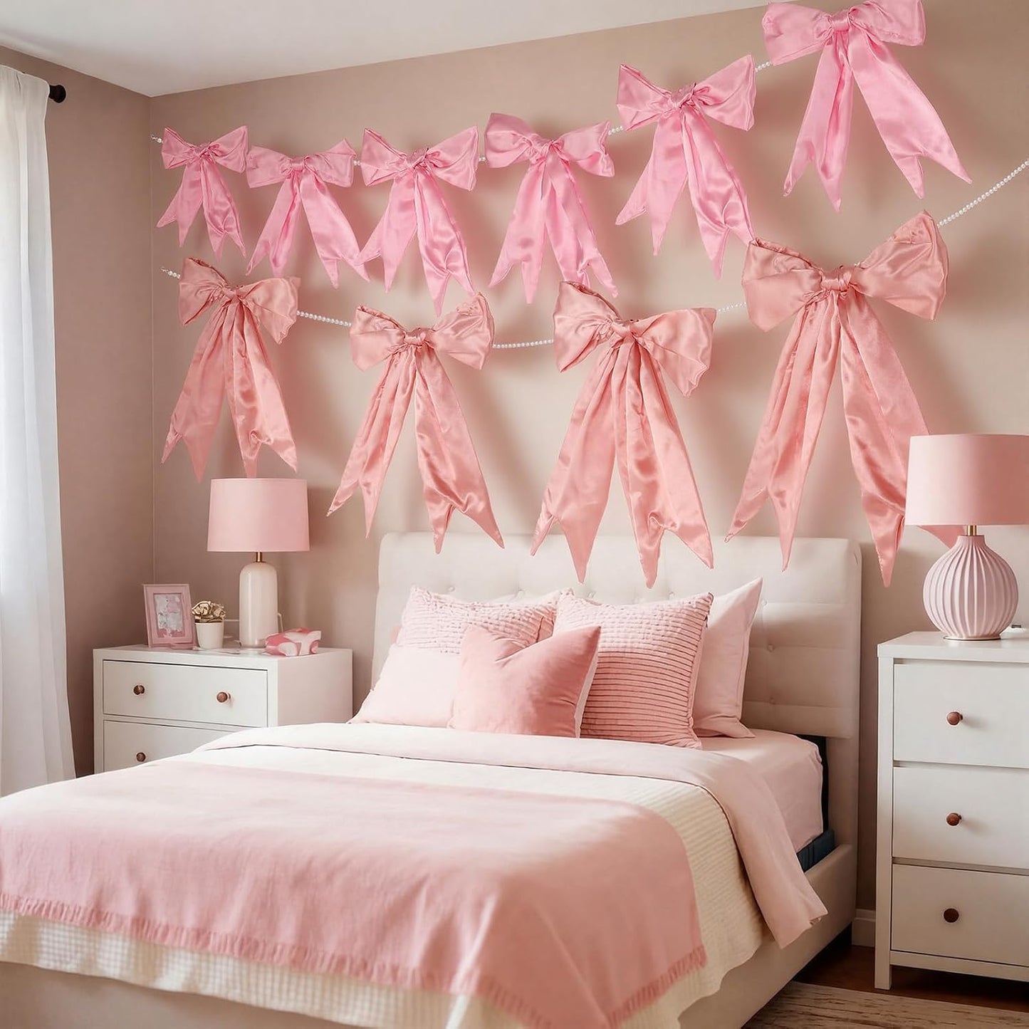 2 Pcs 8.5 ft Large Pink Bow Garland Banner with Pearl Chain Satin Ribbon Pink Bow Hanging Wall Decor for Wedding Birthday Bachelorette Coquette Bridal Baby Shower Engagement Decoration BST202