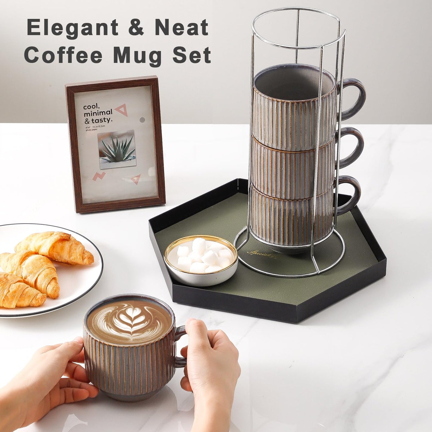HASENSE 15 oz Ribbed Stackable Coffee Mug Set of 4, Porcelain Latte Cups with Metal Rack, Dishwasher & Microwave Safe, Cappuccino Tea Hot Cocoa, White BST220