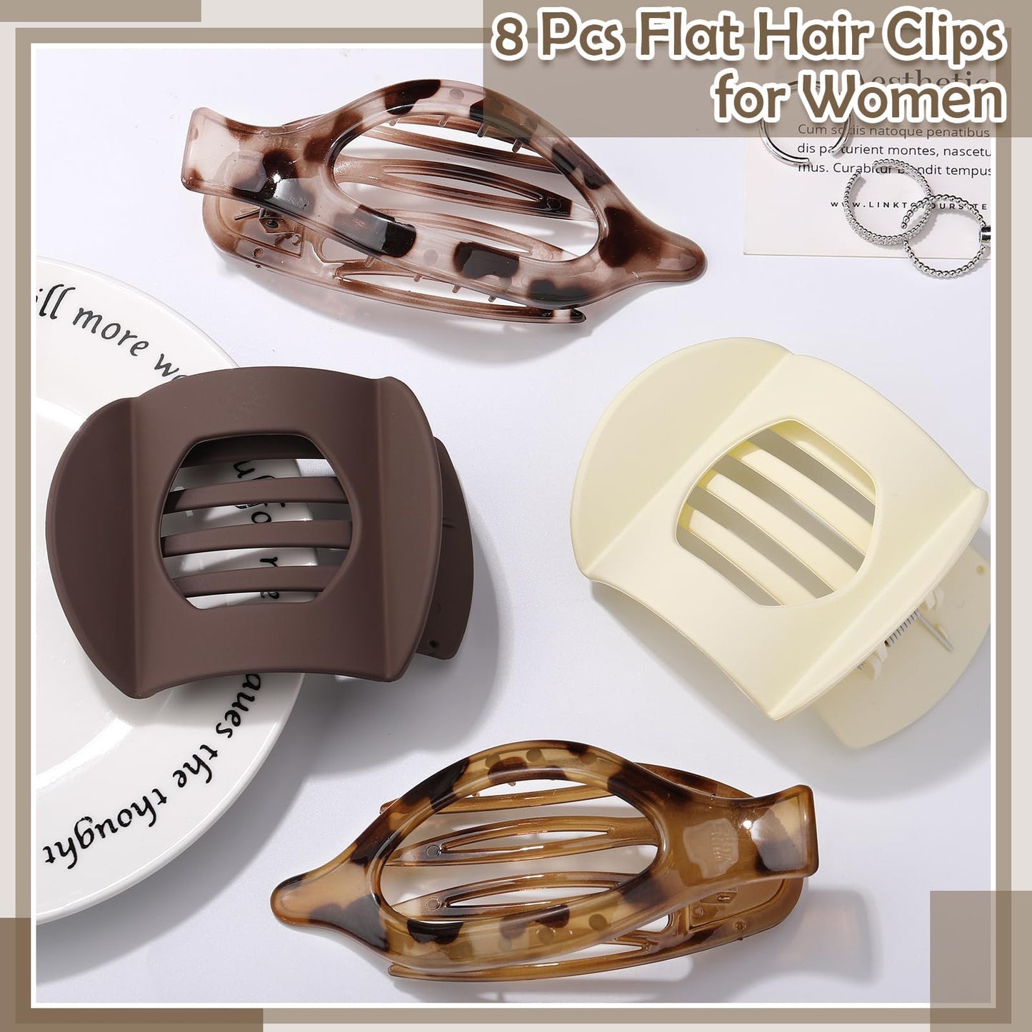8 Pcs Flat Hair Clips for Women, 2 Styles Large Flat Claw Clips for Women, Strong Hold Non-slip French Hair Clips for Thick Thin Hair, Neutral Color WN420