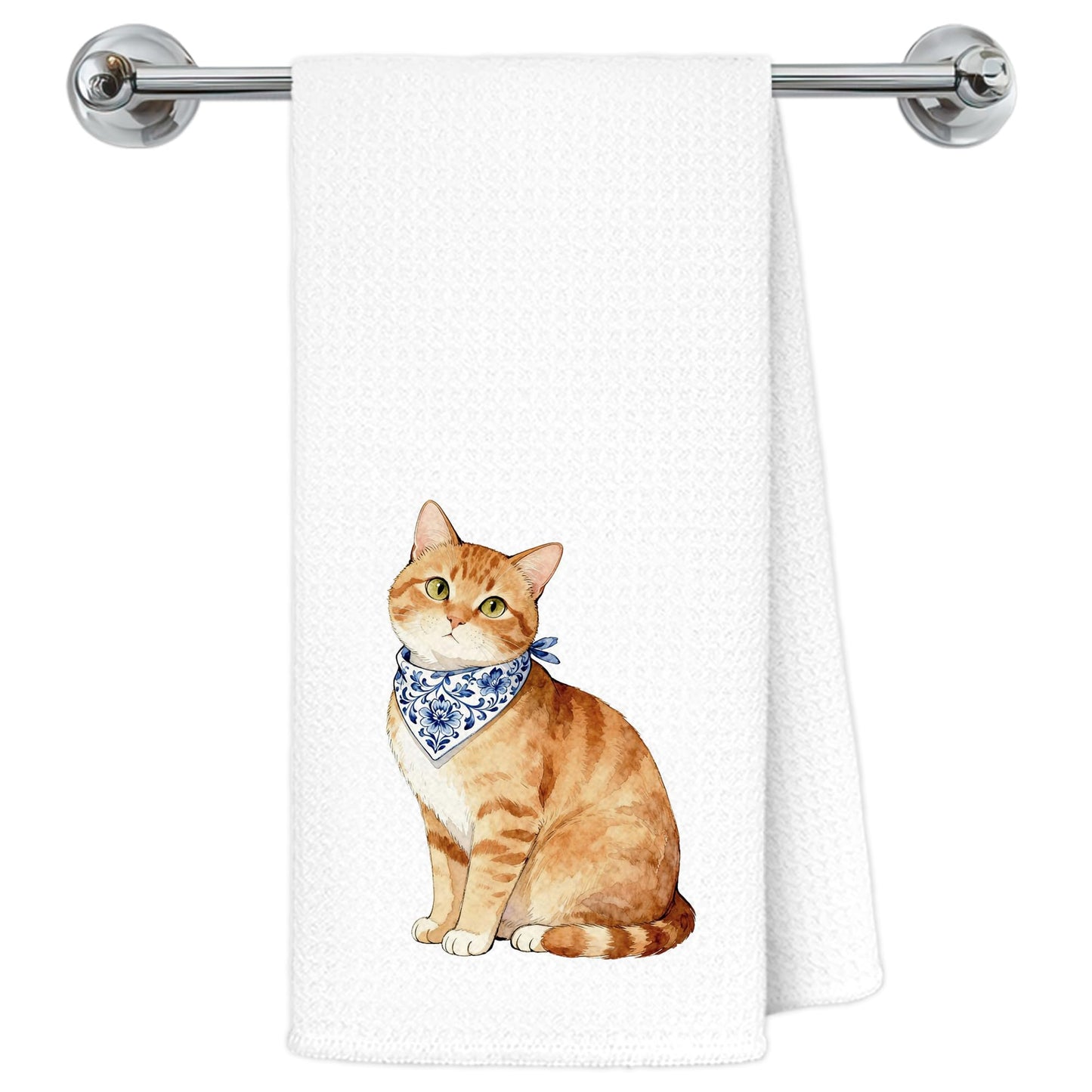 Blue and White Chinoiserie Orange Cat Bathroom Hand Towels, Orange Cat Gifts, Funny Oriental Kitty Decorative Hand Towels Bathroom Restroom Washroom Yoga Spa Zen Decor, 16x24 Inch BST326L