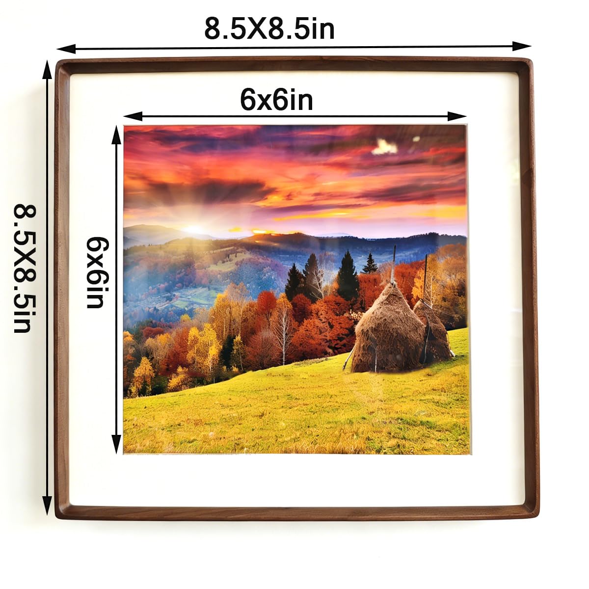 8x8 Solid Wood Picture Frame with Mat, Walnut Wooden Photo Frame with Tempered Glass, Tabletop or Wall Mounted Display BST220