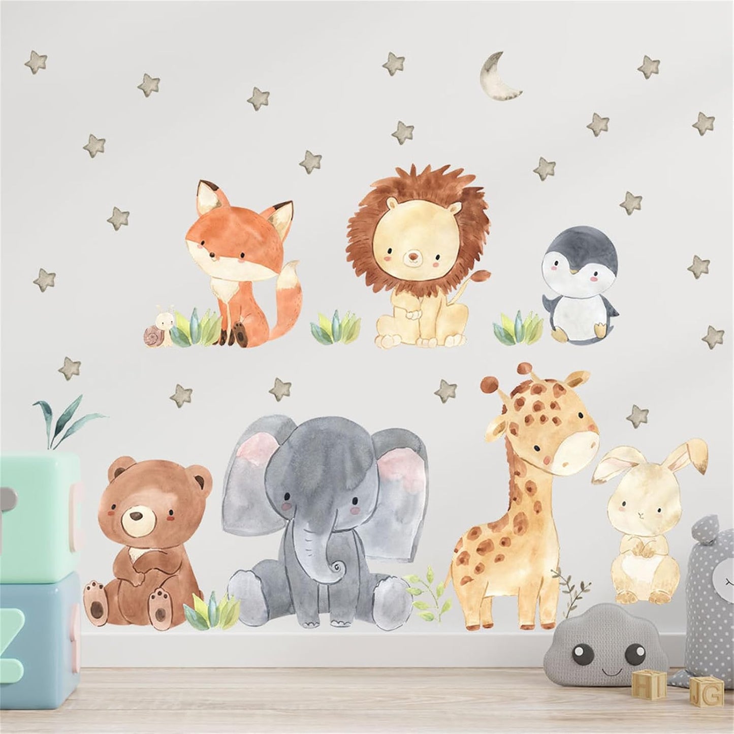 Forest Baby Animals Wall Decals Stars Elephant Lion Giraffe Fox Bear Safari Wall Stickers Baby Nursery Kids Room Living Room Daycare Wall Decor Art 51.2in*19.7in BST220
