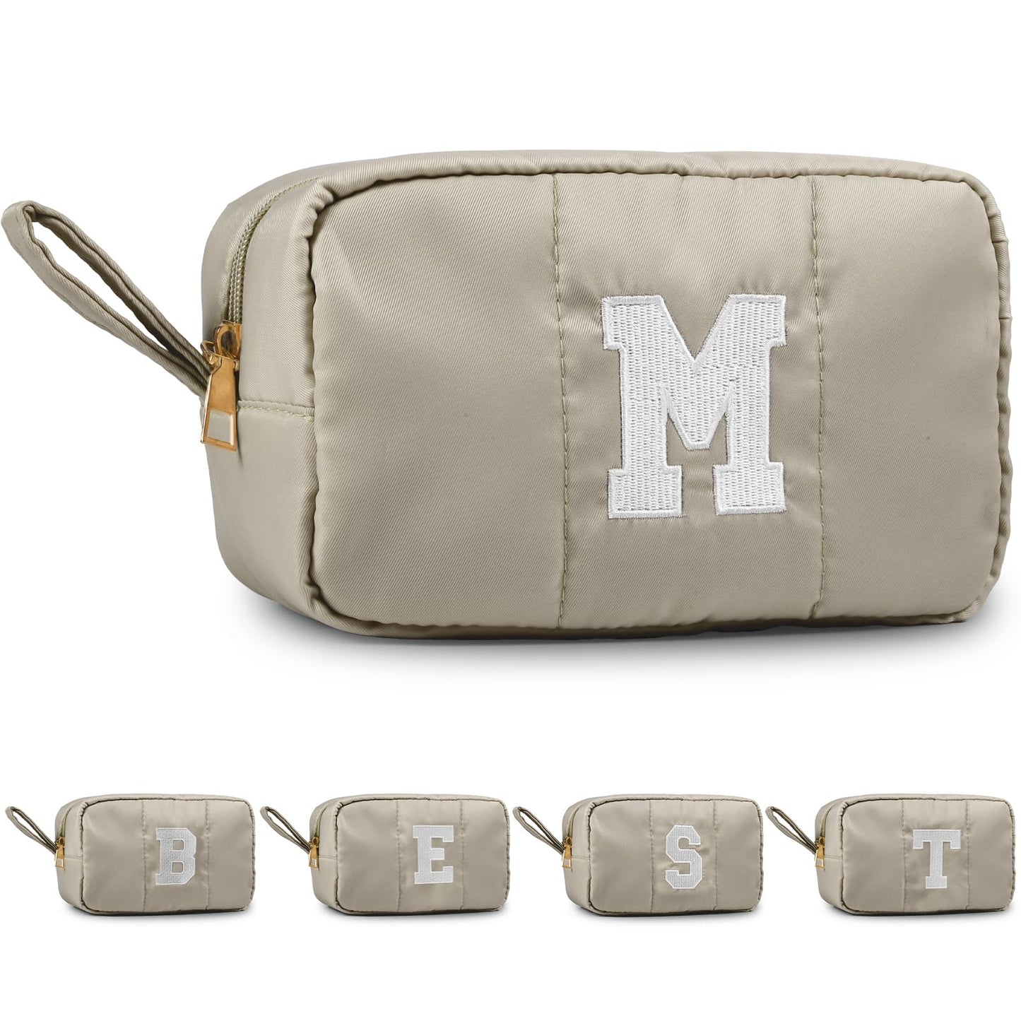 Puffy Makeup Bag for Women,Initial Cosmetic Bag,Cute Travel Toiletry Bag,Puffer Make Up Organizer Bags with Compartments,Personalized Gifts for Girlfriend Bridesmaid Teacher Graduation (Khaki gray, E) BST202