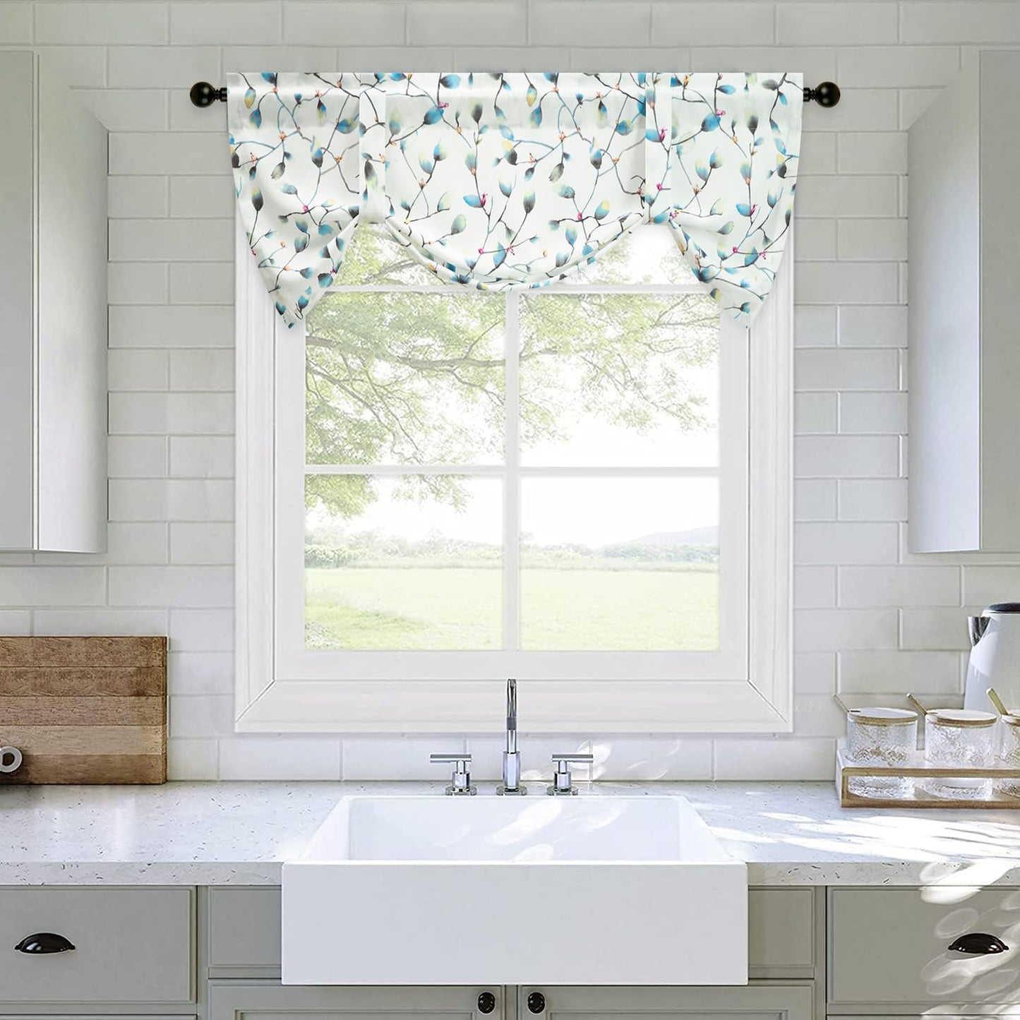 Leeva Farmhouse Kitchen Valances for Windows, Watercolor Blossoming Floral Print Curtains, Soft Faux Linen Curtain Toppers and Valances for Bedroom, 60 x 14 Inch, Brown & Grey, 1 Panel BST220