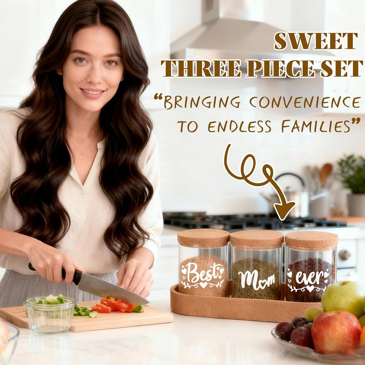 Best Mom Ever Glass Spice Jars Set with Cork Lids and Tray for women | 3-Piece Seasoning Storage Jars for Kitchen for Mom,ideal for Birthday Christmas End of Years present WN420