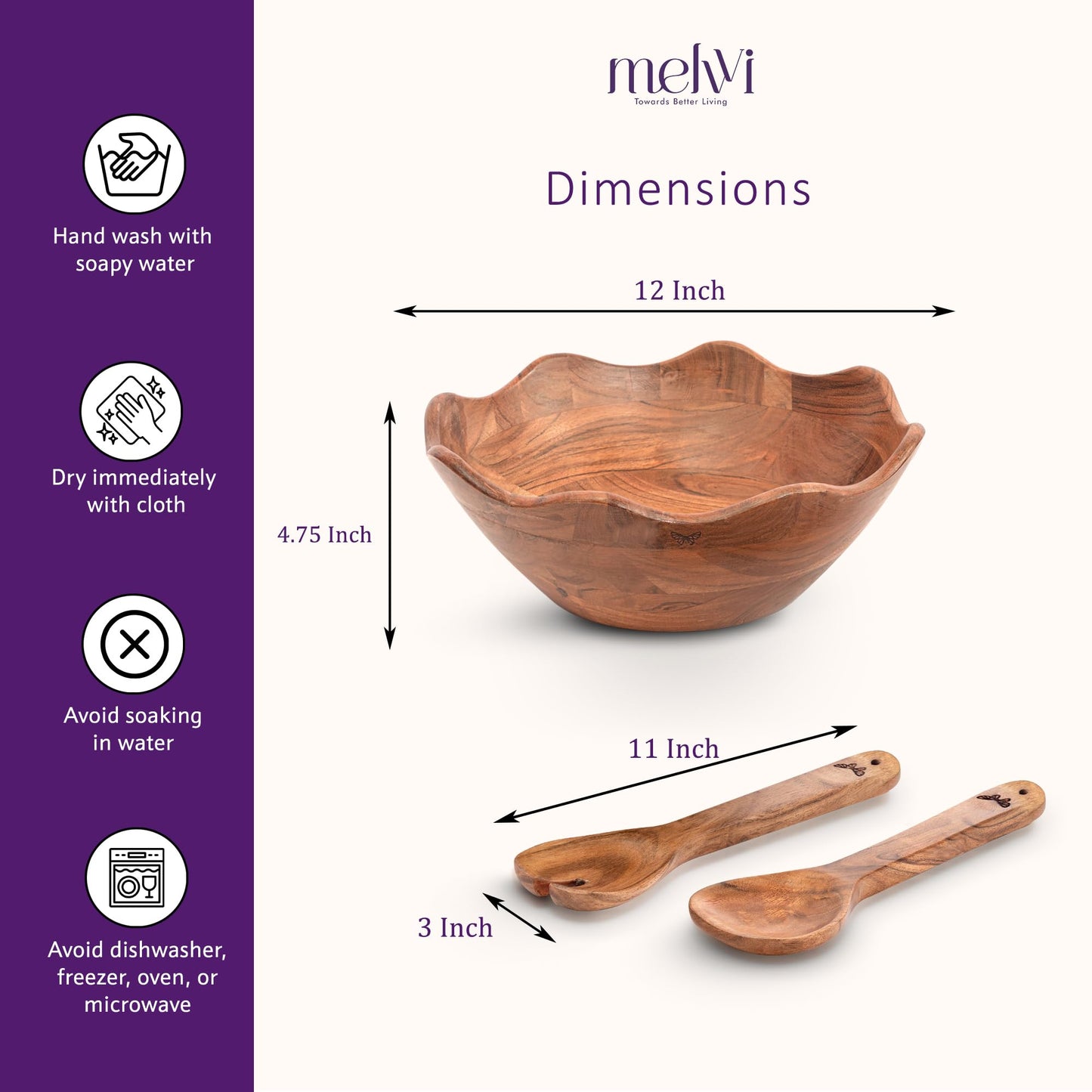 Melvvi Large Wooden Salad Bowl Set with 2 Serving Utensils | 12" Acacia Wood Bowls for Food | Great Mothers Day gift (Natural Set of 3) BST220