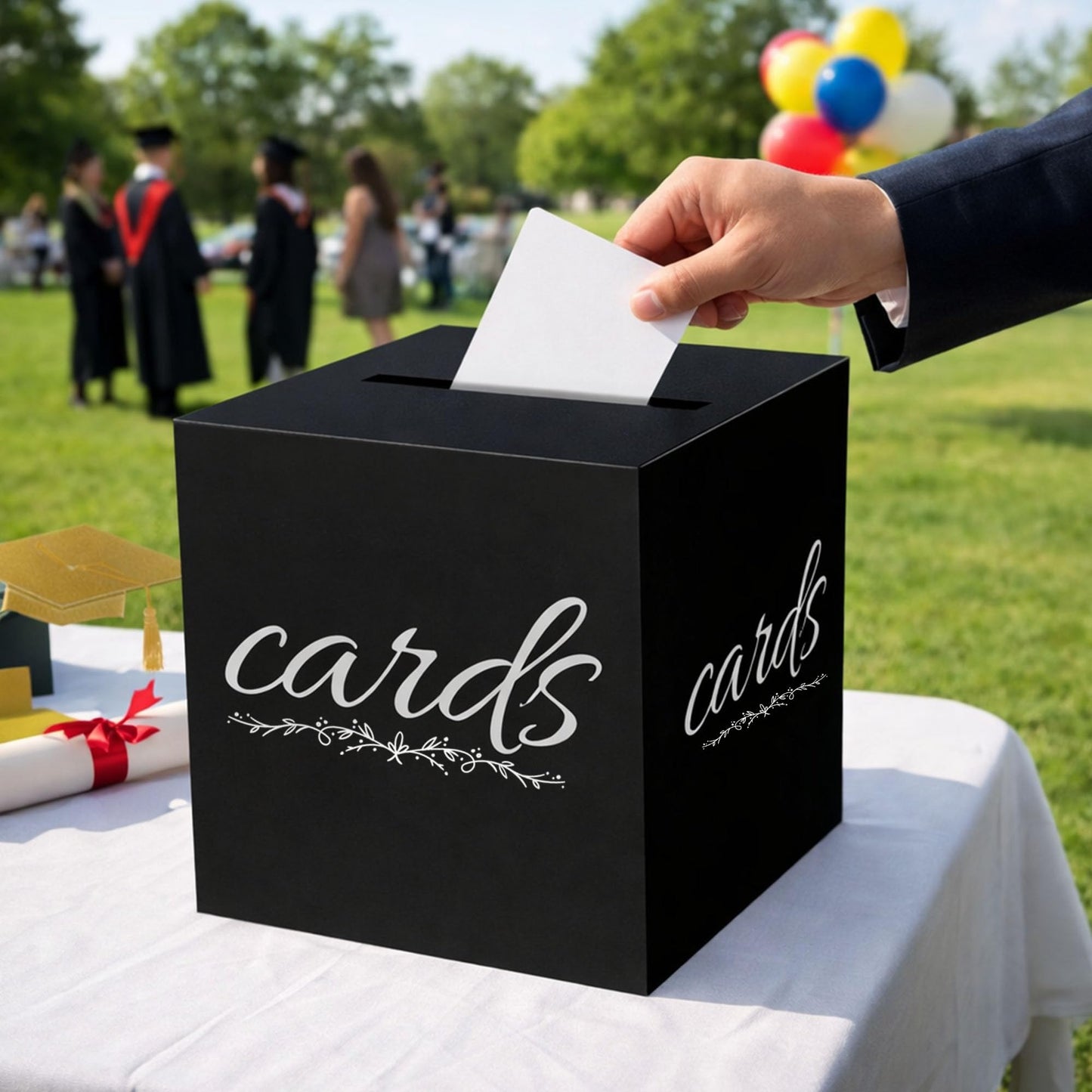 1 Pack White and Gold Wedding Card Box for Party Graduation Bridal Baby Shower Retirement Decorations Cardboard Birthday Card Holder Raffle Ballot Voting Box with Slot 7.8 x 7.8 x 7.8 In BST220