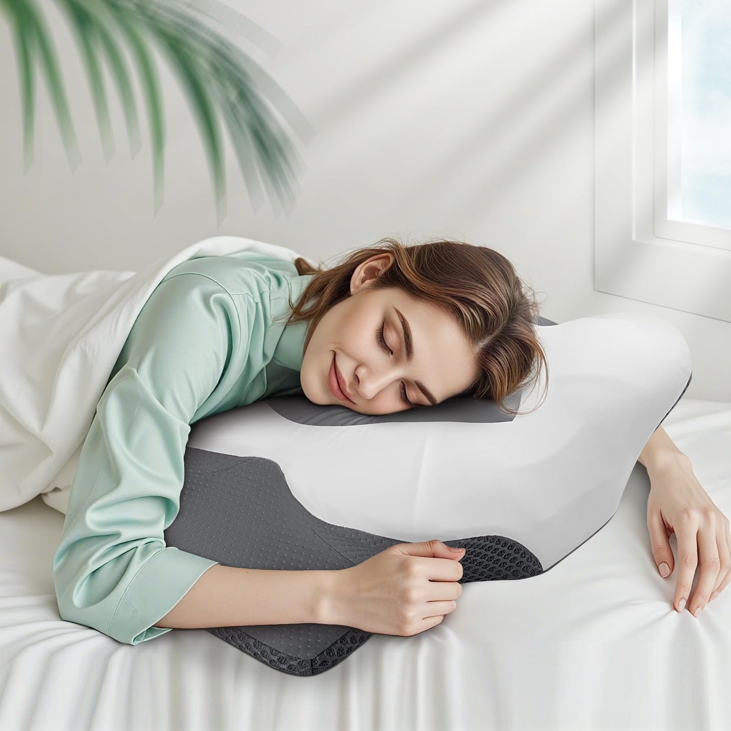 Cervical Neck Pillow for Sleeping, Memory Foam Pillow for Neck Support, Ergonomic Pillow for Pain Relief, Contour Bed Pillow for Side Back Stomach Sleepers, Grey, Queen Size BST220