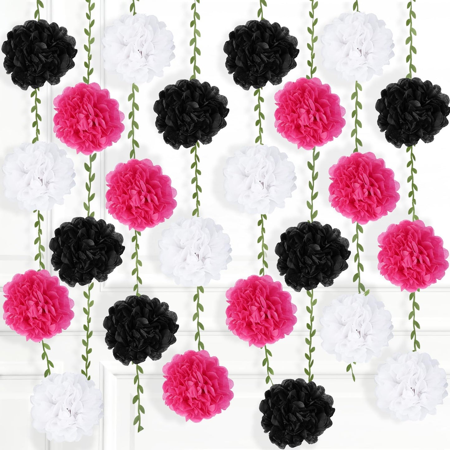 kreat4joy 4pack Pink Purple Tissue Paper Pom Poms Flowers Garland Leaf Ribbon 98.42inches Pre-Strung Reusable Ceiling for Birthday Baby Shower Wedding Bridal Shower Home Event Wall Party Decoration BST220