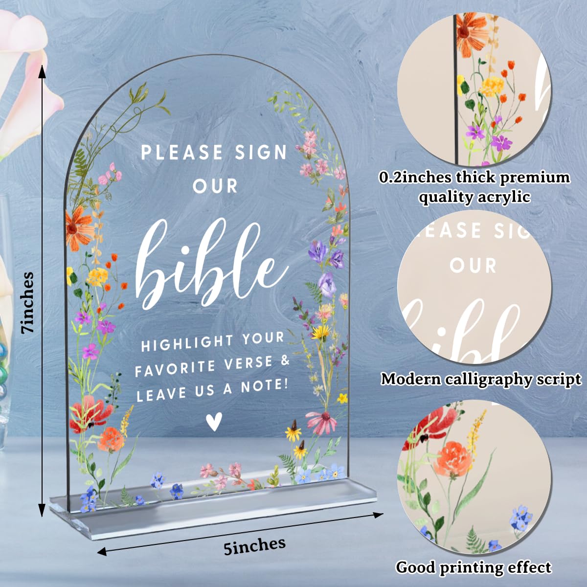 Acrylic Wedding Signs, Pick A Card Signs for Marriage Reception, Bridal Shower Decorations, Modern Arched Round Top Acrylic Table Top Sign with Holder for Wedding Party Dinner (Clear Wildflowers) BST326L