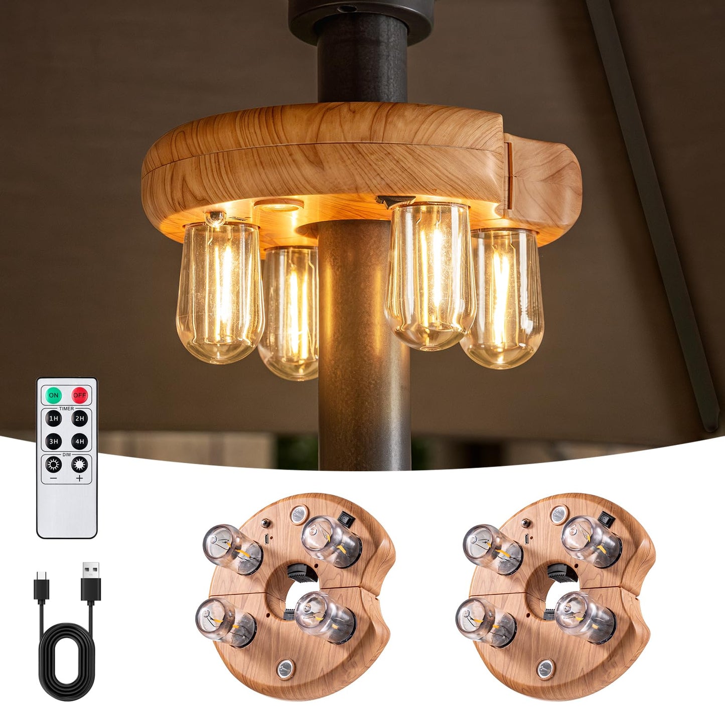 Wood Grain Patio Umbrella Light with Remote Control, Rechargeable Cordless LED Edison Bulbs Pole Light with 10 Brightness Levels for Garden, Patio, Backyard, Camping or BBQ (1 Pack)