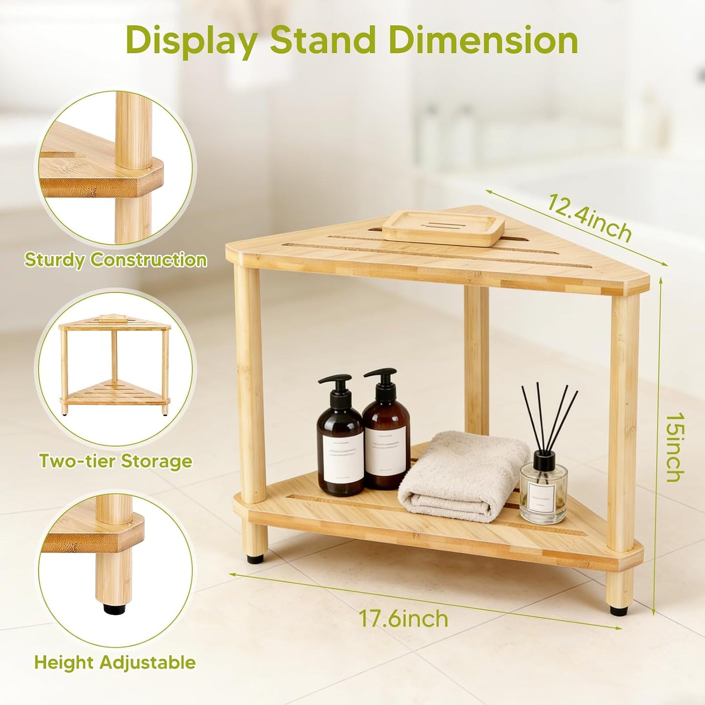 Bamboo Corner Shower Stool with Soap Dish, Waterproof Bath Bench Seat for Shaving Legs Inside Shower, 2-Tier Height Adjustable Foot Rest with Storage Shelf, Corner Bench for Women BST326H