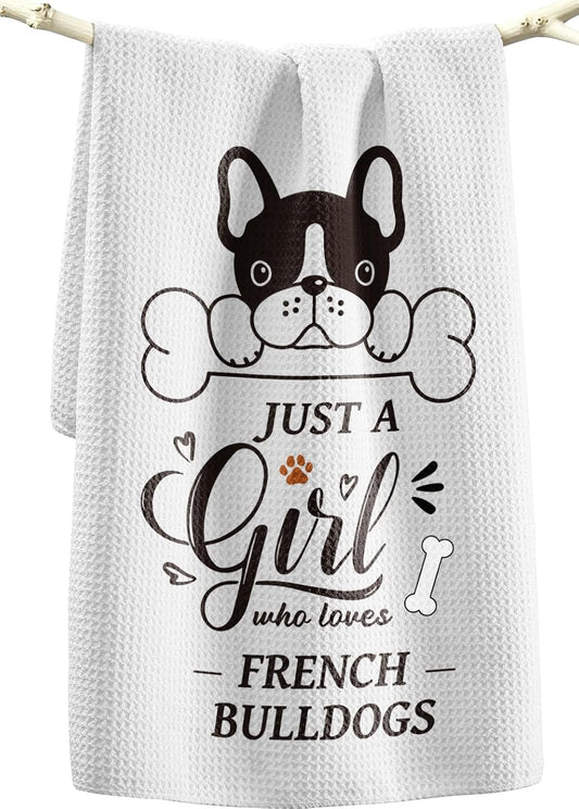 Miss Adola Dog Funny Kitchen Towels - 15x28 Inch Decorative Waffle Microfiber Dish Cloths Cute Absorbent Reusable Hand Tea Towels with Hanging Loop French Bulldog Gift for Dog Lovers WN420