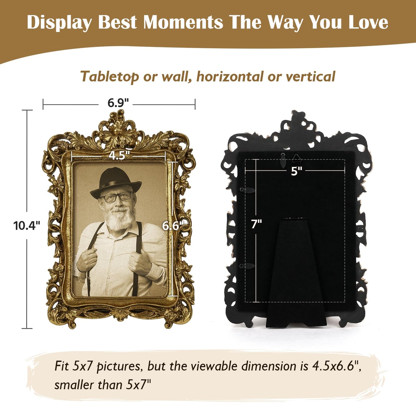 5x7 Wedding Picture Frame Gold,2 Pack Small Frame for Gallery Decor | Durable Resin Material,Tabletop & Wall Display,Real Glass,Rose Floral Design,Antique Brass Finish,Wedding Arrangement Decor BST326H