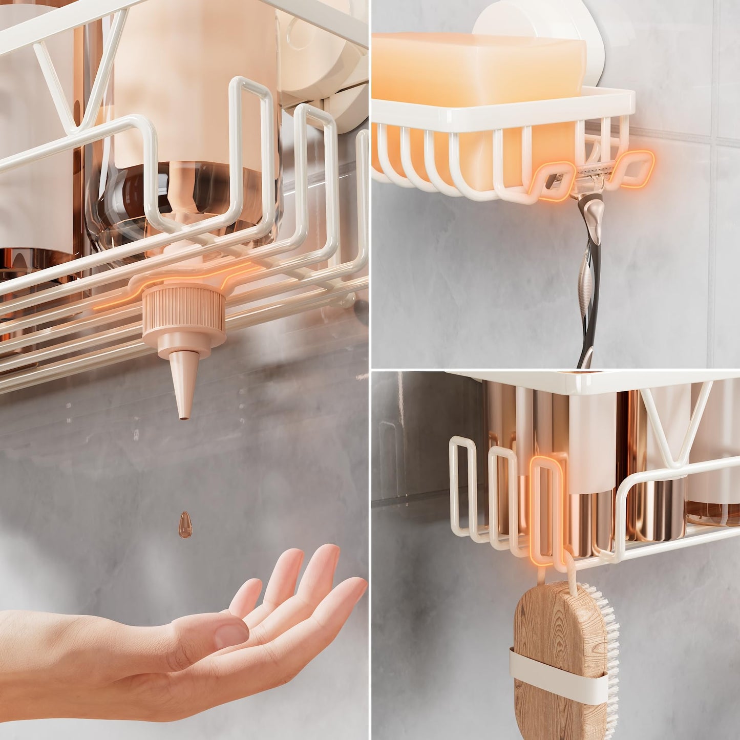 KEGII Shower Caddy Suction Cup with 6 Hooks, Stainless Steel Bathroom Organizer N29