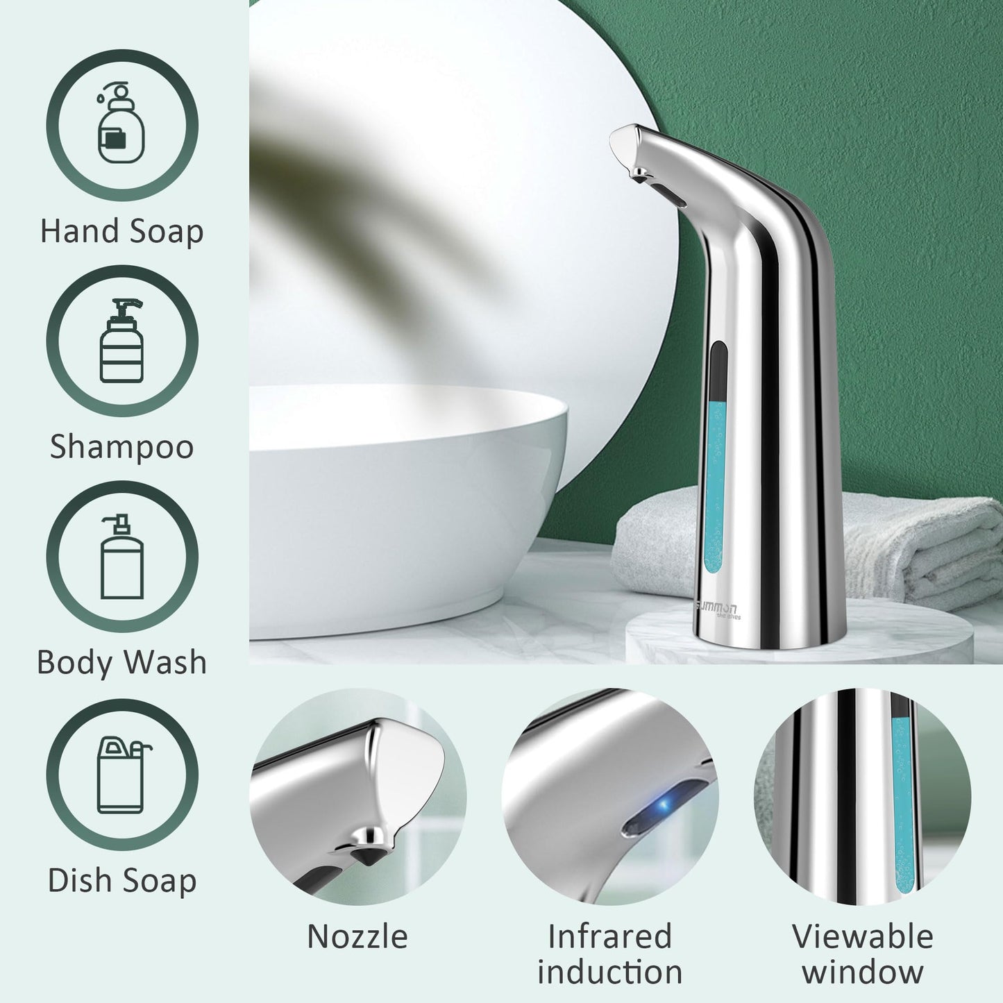 Automatic Soap Dispenser Touchless,400ML Hand & Dish Countertop Electric Liquid Dispenser with Sensor,Modern 4 Gear Adjustable Black Waterproof Battery Operated Kitchen Auto Soap Pump WN420