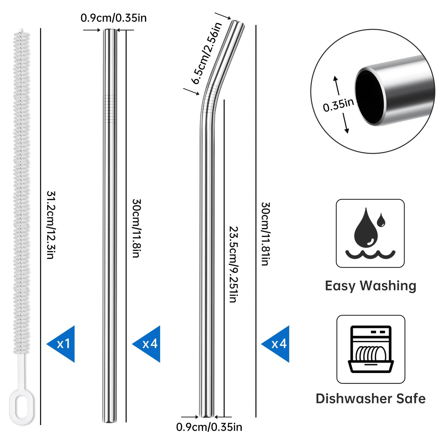 Tomorotec 14PCS Stainless Steel Straws Fit for 30oz Stanley Tumblers | 11" Reusable Drinking Straws with Brush, 7 Bent & 7 Straight for Smoothies, Milkshakes, Coffee, Dishwasher Safe (Metallic) BST326L