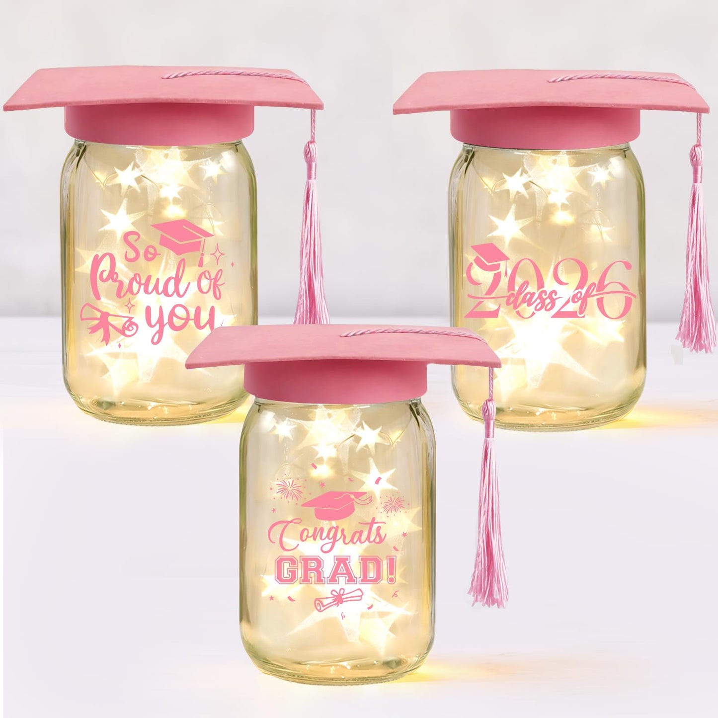 3 Sets 2026 Graduation Centerpieces for Tables, Glowing Mason Jar Centerpieces with Graduation Caps, Glowing Money Jars for College High School Congrats Grad Party Decor Supplies WN420