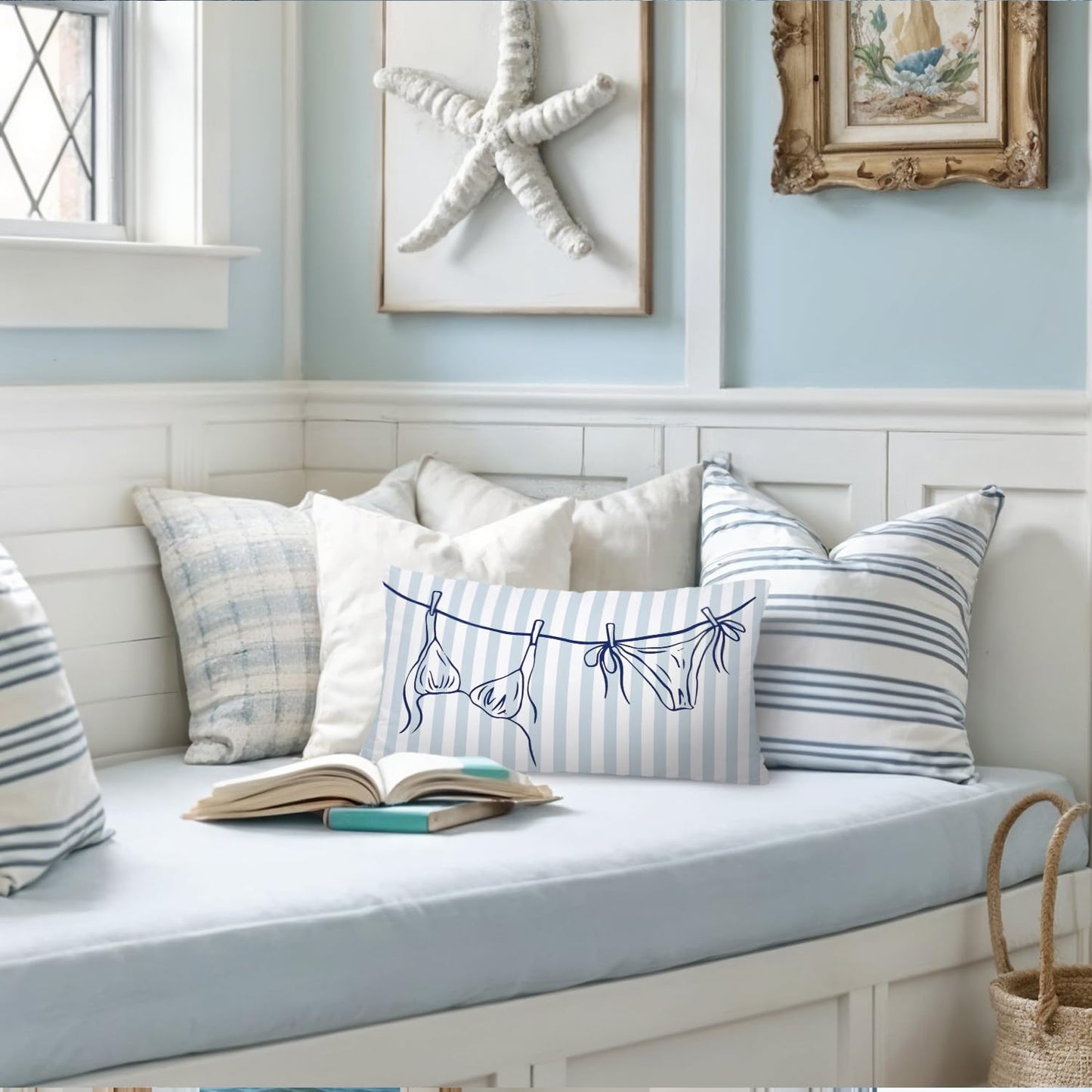 Coastal Beach Girly Room Decor 12x20 Pillow Cover, Preppy Beach Navy Blue Bikini Striped Decorative Lumbar Pillow Covers for Girls Bedroom College Dorm Sofa Couch BST326L