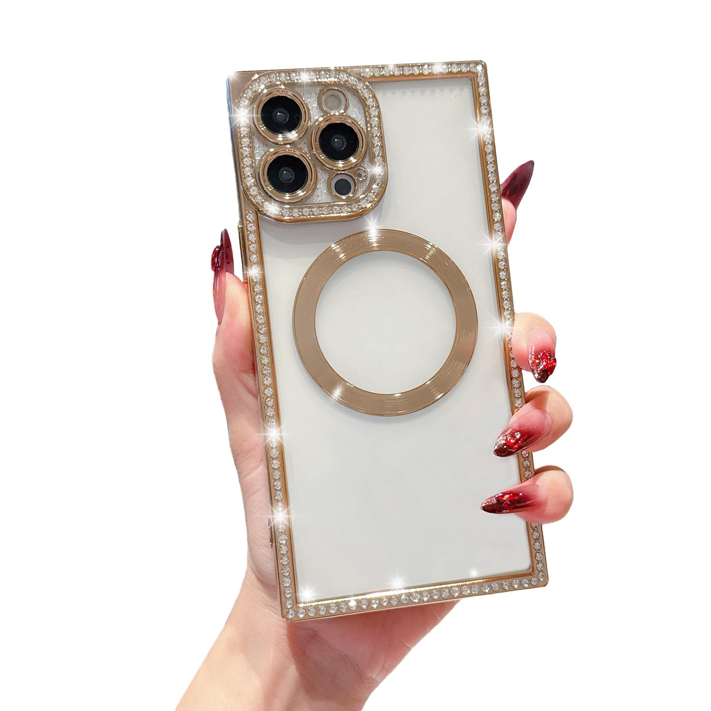 Owncase Magnetic for iPhone 13 Pro Case, Compatible with Magsafe, Crystal Diamonds Glitter Electroplated Edge Soft TPU Clear Phone Case for Women Girls, Gold WN420