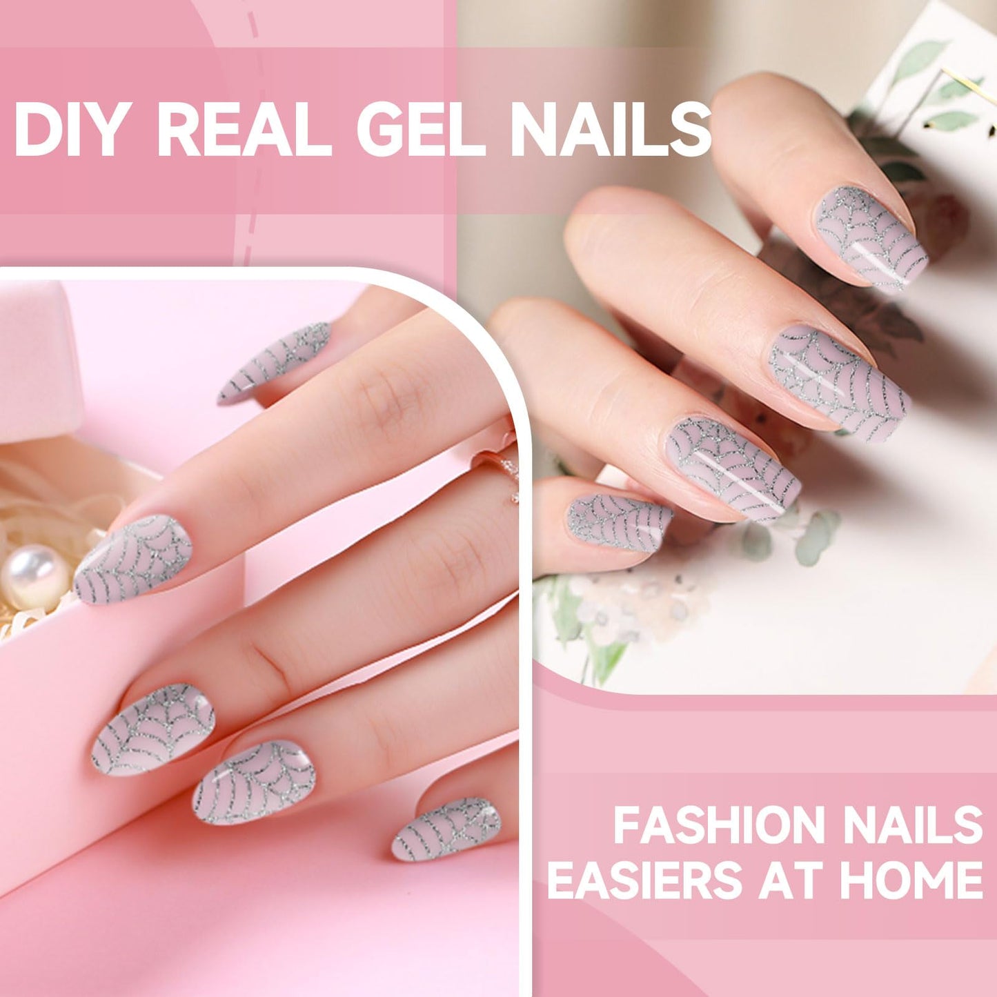 Semi Cured Gel Nail Strips, 56Pcs Nail Art Stickers/Wraps, Long Lasting UV Nail Polish Strips for Adults (Silver Rhinestones+French Tip Glitter) BST220