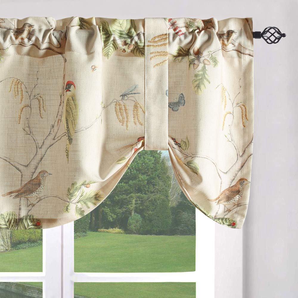 Leeva Tie Up Valance for Windows, Elegant Birds Pattern Light Filtering Window Treatment Valances for Bedroom Kitchen, One Panel, 52 x 18, Light Blue BST220
