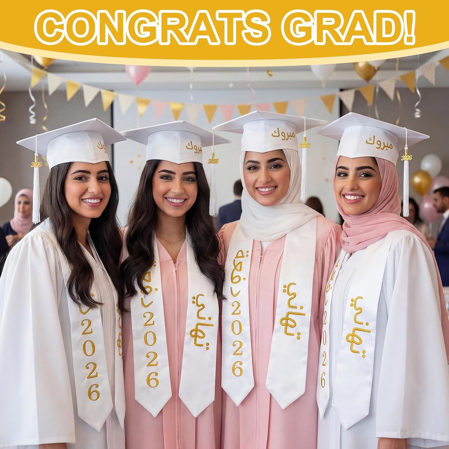 Dunzoom 2026 Arab Countries Graduation Cap and Stole Sash Set Saudi Arabia United Arab Emirates Egypt Embroidery Grad Hat Sash with Charm Tassel Class of 2026 for America International Student WN420