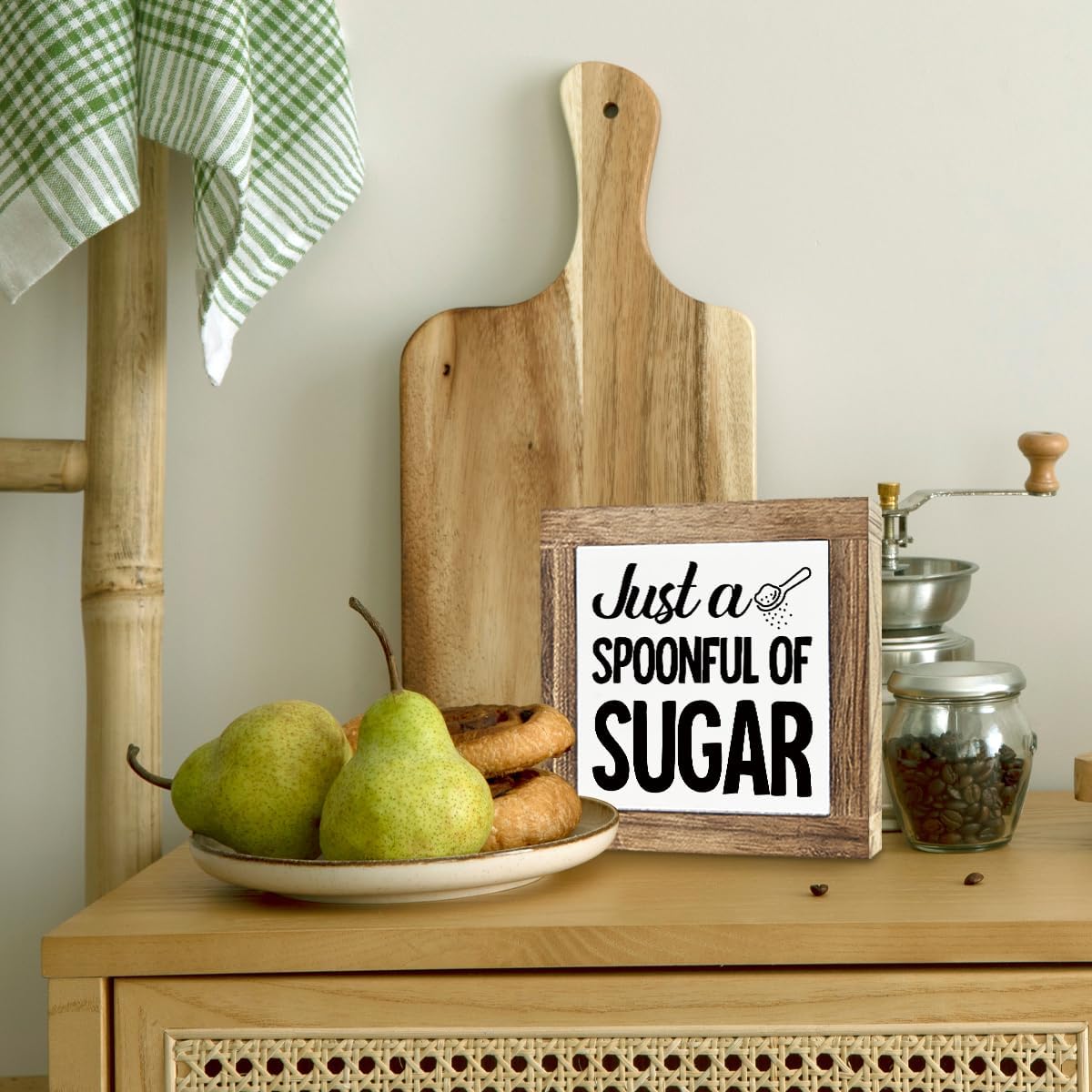 Just A Spoonful of Sugar Sign, Coffee Decor Sign, Rustic Kitchen Box Signs, Coffee Station Decor, Modern Farmhouse Home Decors for Kitchen Bar, Cafe Decors, Freestanding Wooden Plaque BST326L