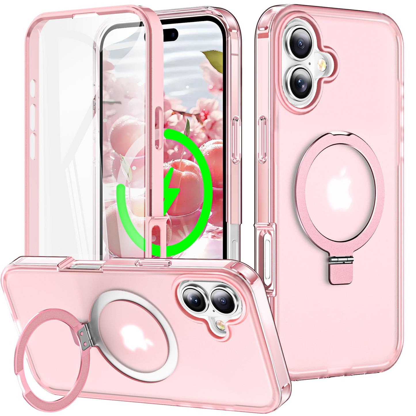 for iPhone 13 Pro Full Body Shockproof Case with Magnetic Invisible Stand [Compatible with MagSafe] Built-in Screen Protector Military Drop ProtectionTranslucent Phone Cover -Hot Pink WN420