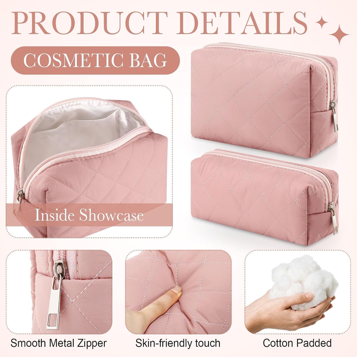 2 Pcs Puffy Makeup Bag Quilted Cosmetic Pouch for Women Cute Puffer Makeup Organizer Compact Toiletry Bags Preppy Pencil Case with Zipper Winter Gift for Women Girlfriend(Pink) WN420
